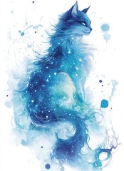 Naklejka na meble A mystical blue cat with a starry, ethereal appearance.