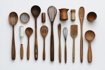 Aufkleber - Colorful wooden kitchen utensils on a clean white background invite easy customization and creativity. Generative AI