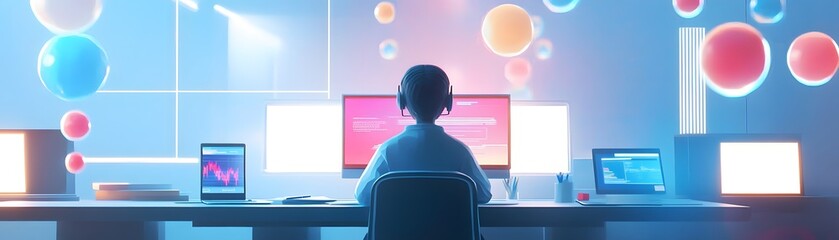 Poster - Person working with multiple monitors displaying data and graphics in a modern workspace.