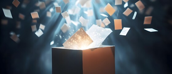 Poster - A box emitting light with floating cards, symbolizing innovation and creativity.
