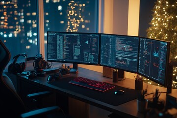 Poster - A futuristic work setup with multiple monitors and glowing RGB lights in a home office
