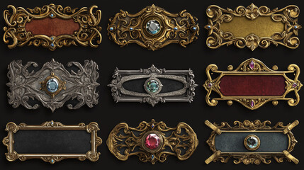 Poster - Empty rectangle frames in medieval style for game ui design. Vector cartoon set of user interface elements with golden and silver ornate border, decorated with gems, isolated on background