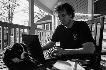 Poster - A man working on a laptop while sitting on the porch, with a dog resting at his feet