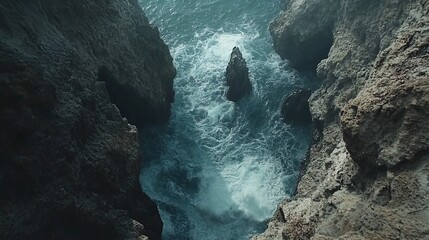 Sticker - Aerial view of ocean waves crashing against rocky cliffs.