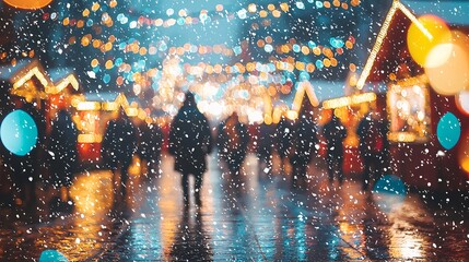 Poster - A picturesque winter village blanketed in snow featuring colorful lights and lively festivities Stock Photo with side copy space