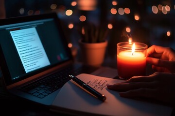 Poster - A person journaling with a fountain pen next to their laptop and a glowing candle