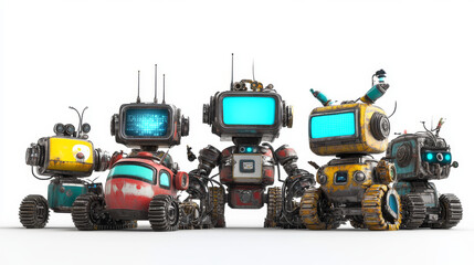Poster - Cartoon set of robot characters isolated on background. Vector illustration of futuristic ai cyborgs with wheels, tracks, wires, led light eyes on screen face and arms. Modern technology development
