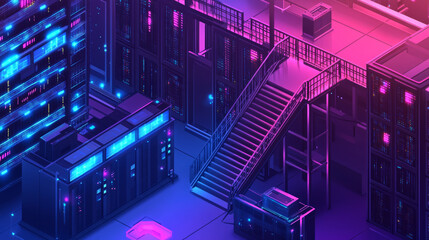 Poster - Website under construction, maintenance work or error page isometric concept vector illustration. Datacenter hardware or server racks with wooden stairs to upper level, ultraviolet web banner