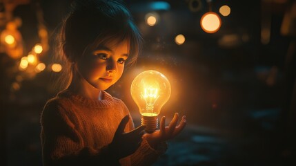 Poster - A child holds a glowing lightbulb, its soft light illuminating the dark, atmospheric setting, symbolizing creativity and curiosity