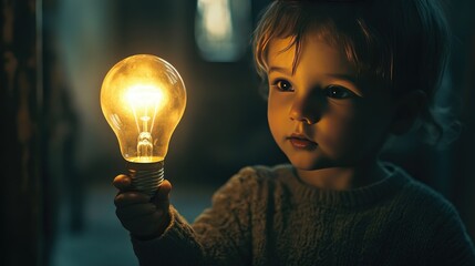 Poster - A child holds a glowing lightbulb, its soft light illuminating the dark, atmospheric setting, symbolizing creativity and curiosity