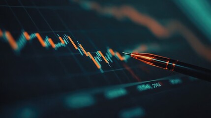 Poster - A close-up of a financial chart with market trends, highlighted by an orange pen pointing to key data, symbolizing market analysis