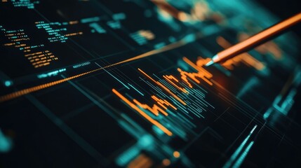 Poster - A close-up of a financial chart with market trends, highlighted by an orange pen pointing to key data, symbolizing market analysis