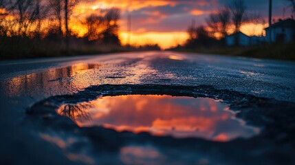 Poster - A close-up of a pothole on a road, reflecting a breathtaking sunset, blending urban flaws with the beauty of nature warm hues