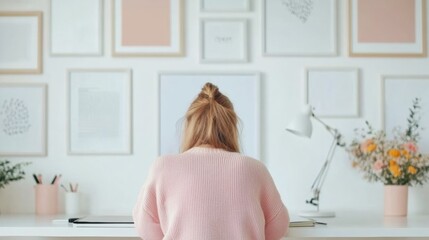 Poster - Woman Studying Online with Tablet in Bright, Modern Workspace