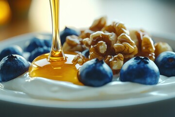 Sticker - A bowl of yogurt topped with blueberries, walnuts, and honey, showcasing a healthy dessert option.