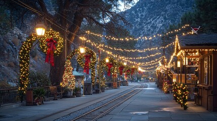 Poster - A scenic train station decorated with wreaths and lights during the festive season Stock Photo with side copy space