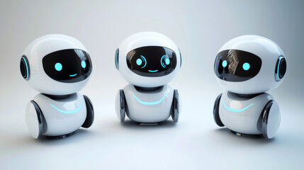 Poster - Cartoon cute ai robot character illustration set. Futuristic evolution of artificial intelligence computer machine with face. White smart cyborg engineering for business chatbot cyber companion icon