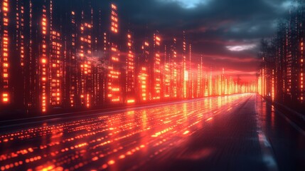 Poster - Futuristic Cityscape with Glowing Digital Elements and Reflections on a Road under a Dramatic Sunset Sky with Striking Color Gradients and Atmospheric Details