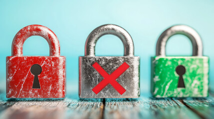 Poster - Protection, safety concept icons with red and green padlock with tick and cross sign. Open and closed lock with checkmark and cross, 3d render illustration isolated on white. 3D Illustration