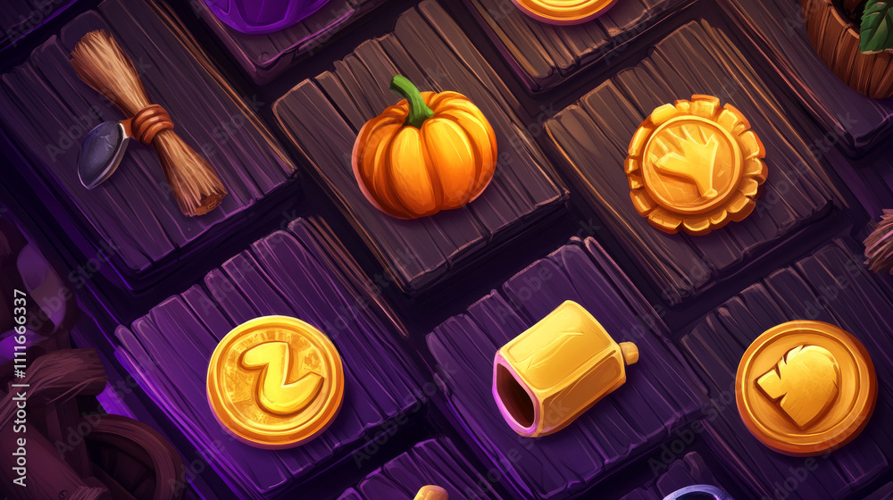 Ilustración de Stock Farm themed game icons set on dark wooden circle ...