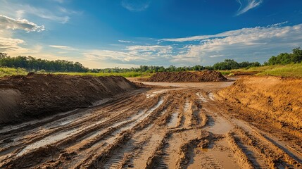 Poster - A construction site with muddy terrain, tire tracks, and steep banks of earth under a blue sky, symbolizing hard work and progress