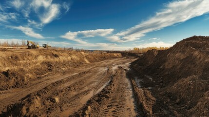Poster - A construction site with muddy terrain, tire tracks, and steep banks of earth under a blue sky, symbolizing hard work and progress