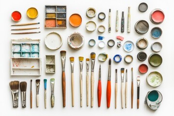 Aufkleber - Hobby and DIY supplies positioned on a white background include brushes, paints, and scissors, offering a clean space for additional text or designs. Generative AI