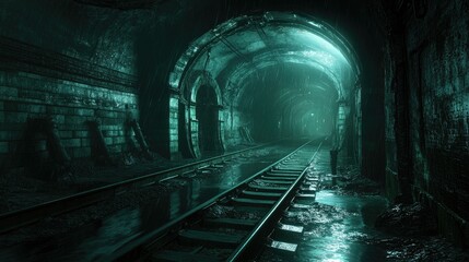 Aufkleber - A dark, eerie railway tunnel with partially submerged tracks, cracked walls, and damp reflections, evoking a sense of foreboding and mystery