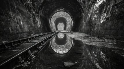 Aufkleber - A dark, eerie railway tunnel with partially submerged tracks, cracked walls, and damp reflections, evoking a sense of foreboding and mystery