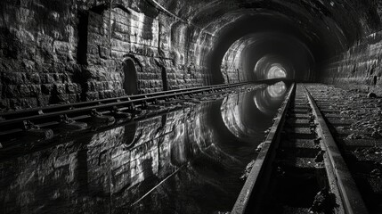 Poster - A dark railway tunnel with submerged tracks and damp, cracked walls, reflecting the still water and creating an ominous, eerie atmosphere
