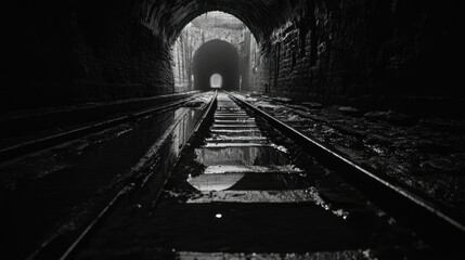 Poster - A dark railway tunnel with submerged tracks and damp, cracked walls, reflecting the still water and creating an ominous, eerie atmosphere