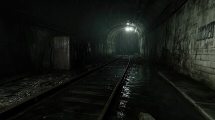 Aufkleber - A dimly lit railway tunnel with submerged tracks, cracked walls, and damp reflections, evoking an eerie, desolate feeling of abandonment