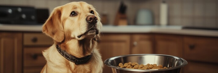 Poster - A friendly dog with a collar waits eagerly next to a stainless steel bowl brimming with food in a warm kitchen atmosphere. Generative AI
