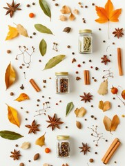 Fototapete - Small jars filled with colorful spices are surrounded by bay leaves and cinnamon sticks on a white surface, offering space for text. Generative AI