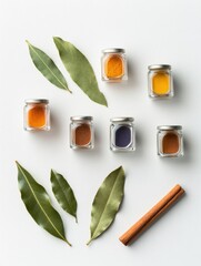 Poster - Small jars filled with colorful spices are beautifully arranged with bay leaves and cinnamon sticks, creating an aromatic display with space for text. Generative AI