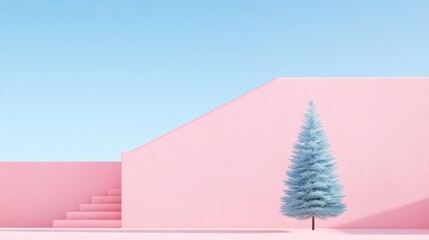 Poster - Minimalist Pink Architecture with Blue Christmas Tree Against Clear Sky
