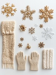 Poster - Soft winter accessories like gloves and a cozy scarf are arranged with decorative snowflakes on a white background, creating a festive atmosphere. Generative AI