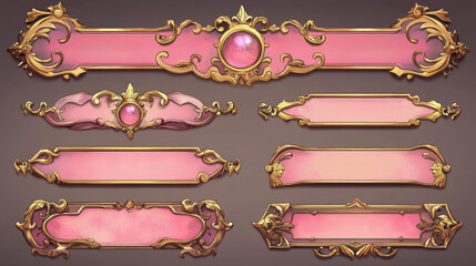 Poster - Pink medieval game buttons, user interface menu elements. Oblong ui banners with ornate rims and gold decor. Empty royal gui bars for rpg, fantasy web design borders, Cartoon vector illustration, set