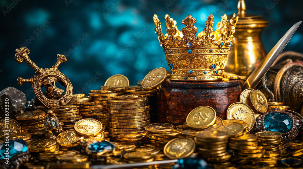 Ilustración de Stock Pirate treasure icons with gold coins heaps with ...