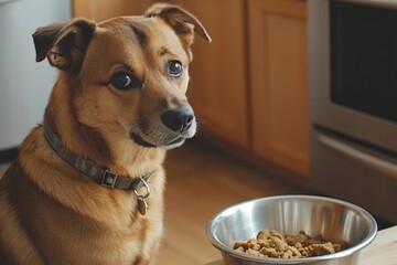 Poster - A dog sits next to a stainless steel bowl filled with food, looking eagerly in a warm and inviting kitchen environment. Generative AI