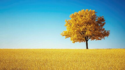 Poster - A single tree with yellow leaves amidst a golden autumn field, under a clear blue sky, creating a serene and peaceful autumn scene