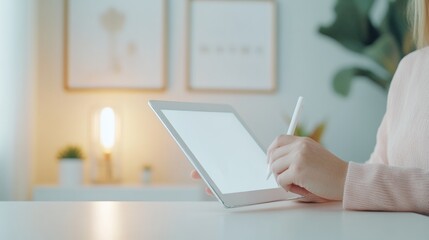 Poster - Modern E-Learning Student Taking Notes on Tablet in Bright Home Workspace