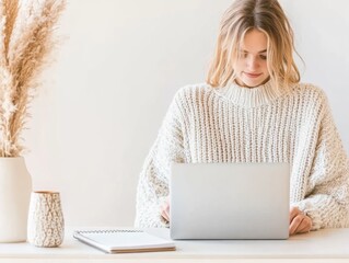 Poster - Young Woman Engaged in Online Learning at Home Office with Laptop and Notebook in Bright, Cozy Setting
