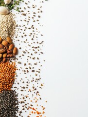 Poster - An assortment of organic seeds, nuts, and herbs is artfully placed on a white background, inviting creativity and healthy cooking inspiration. Generative AI