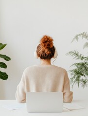 Aufkleber - Focused Professional Attending Webinar from Modern Home Office with Headphones