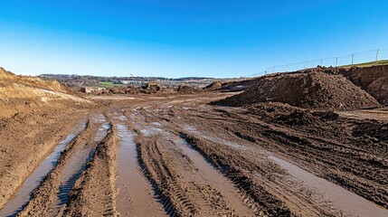 Poster - A wide shot of a muddy construction site, with tire tracks and steep earth banks, capturing the chaos of construction work against a clear blue sky