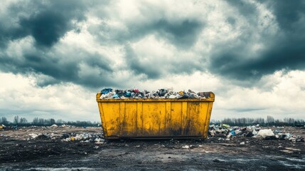 Poster - A yellow dumpster filled with debris, waste spilling over under a cloudy sky, representing the challenges of waste management and pollution
