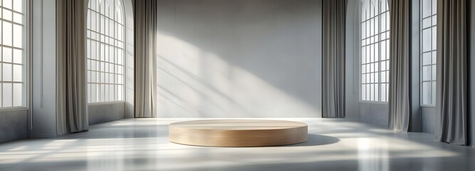 Fototapete - A polished wood podium in the center of a spacious room with soft gray walls and large windows, surrounded by empty space to showcase a luxury product under soft, indirect lighting
