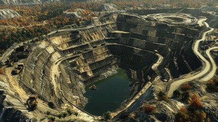 Poster - An aerial perspective of an open-pit coal mine, showcasing the deep, layered excavation and the expansive nature of the site