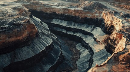 Poster - An aerial perspective of an open-pit coal mine, showcasing the deep, layered excavation and the expansive nature of the site